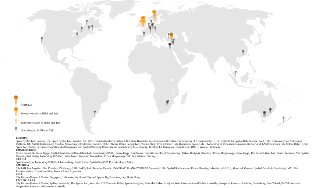 hematic map showing the geographical location of the 40 laboratories analysed and their relational relevance to SURF Lab and the TWIN2EXPAND project.