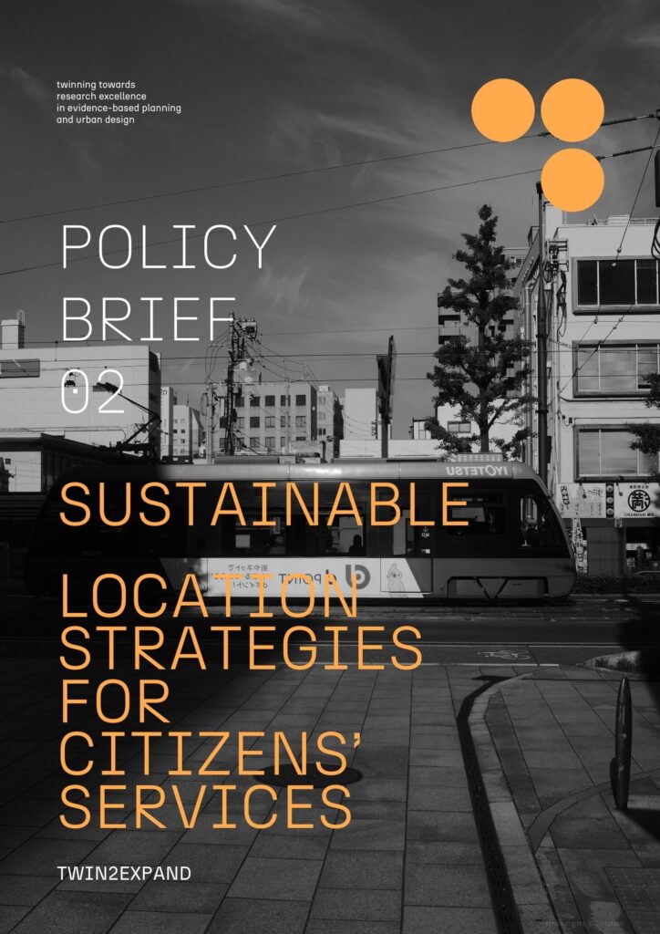 Policy Brief 2 Cover Page. Urban scene with tram passing by at junction on a street lined with a cycle lane.