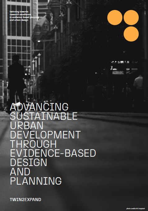 Brochure front cover, black and white city street scene overlayed with title "ADVANCING SUSTAINABLE URBAN DEVELOPMENT THROUGH EVIDENCE-BASED DESIGN AND PLANNING"