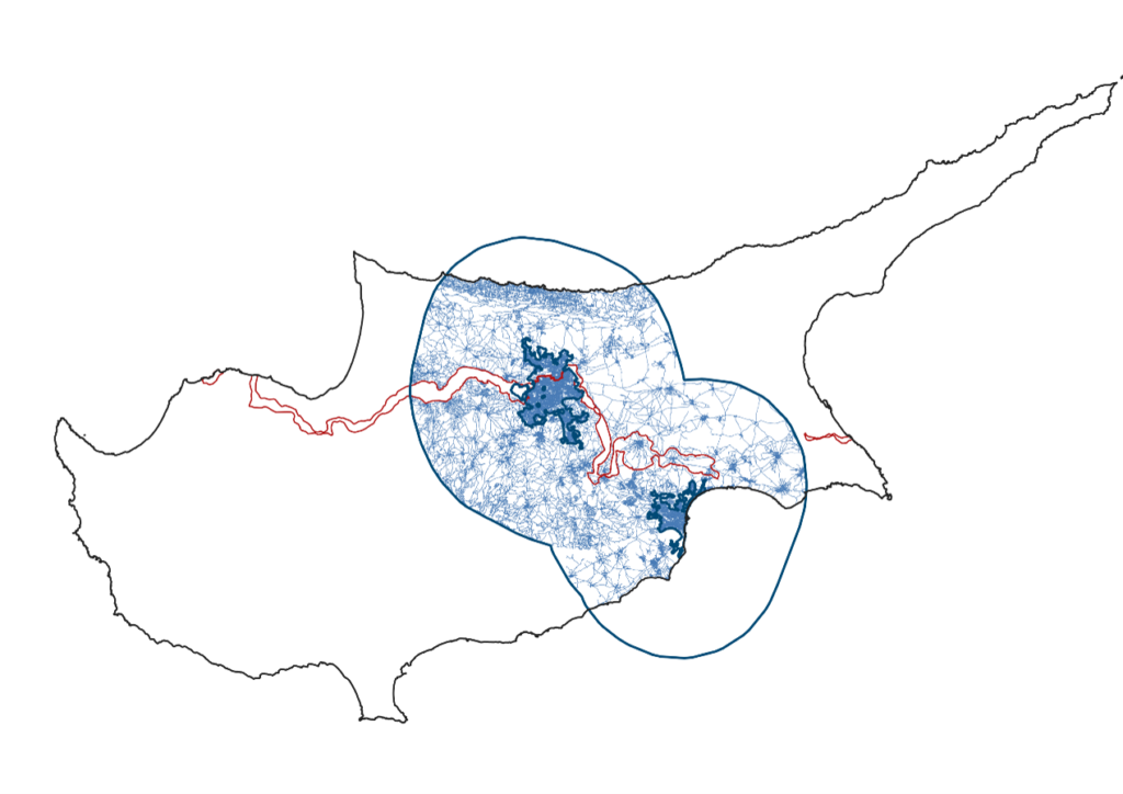 OUtline of island of Cyprus with outline of buffer zone and street network model for part of the island.