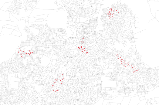 Street network model of central Nicosia highlighting locations of pedestrian movement counts.